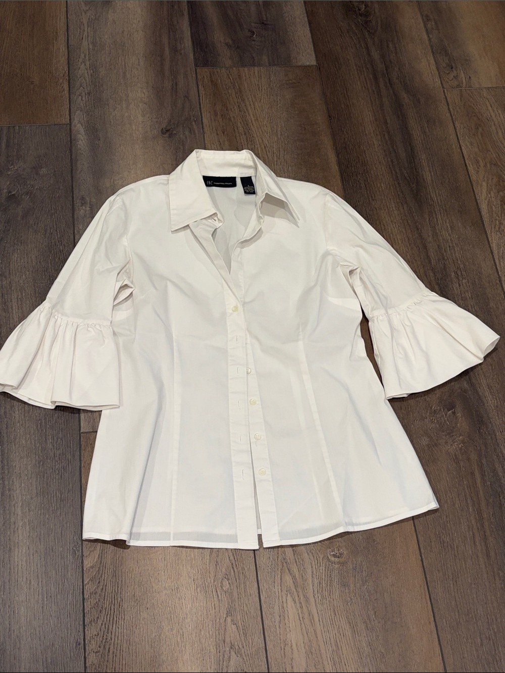 INC International Concepts White Button-Down Shirt with Ruffle 3/4 Sleeves